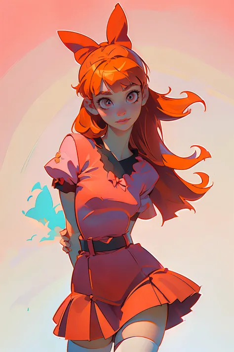 (Blossom:1.5), (orange hair, blunt bangs, pink eyes:1.2), (hair bow, red bow, simple short sleeve pink dress, simple black belt, white thighhighs:1.2), (white background, plain background), (realistic:1.2), (masterpiece:1.2), (full-body-shot:1),(Cowboy-sho...