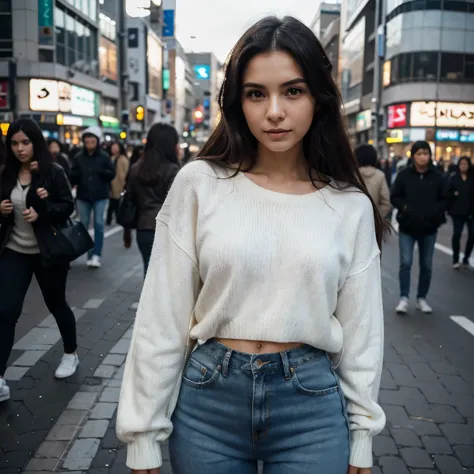 Masutepiece、highest qualityr、high resolusion、Eleonora Pavinato, 23 years old, Younger headshot, long Black hair, realistic skin, beautiful refined skin, real skin texture, Shibuya Crossing, in a trendy warm cute jumper outfit, white jeans, vibrant crowd ba...