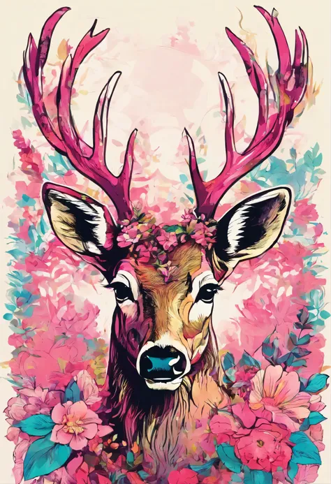 deer, Surrounded by pink flowers, facing the front, 4K, high quality, flower on head, Sunny, realistic