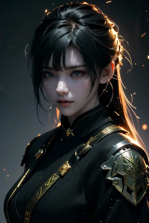 Game art，The best picture quality，Highest resolution，8K，((A bust photograph))，((Portrait))，(Rule of thirds)，Unreal Engine 5 rendering works， (The Girl of the Future)，(Female Warrior)，22岁少女，(Long hair casual)，(Future-style military wear，A beautiful eye full...