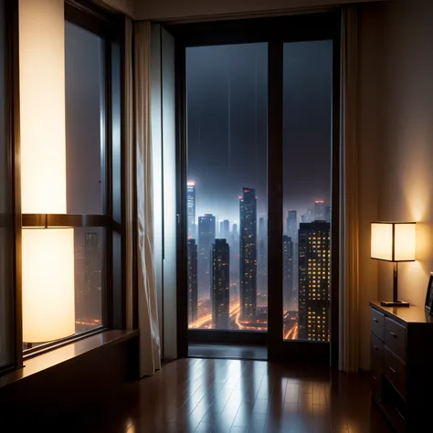 城市，High-rise building interior view，rained，the night，lamplight，Warm bedroom，Close to the window，Need