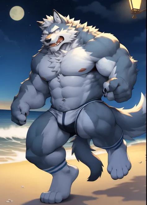 hairy，（（Wolf，Shirtless，，white socks）），white fur，male，Common，full body picture（（极其lifelike阴影，masterpiece，Very detailed，lifelike））， （（Cat）），dynamic poses，night，seaside，sentado na praia，Angry and helpless expression（（极其lifelike背景，masterpiece，Very detailed，lif...