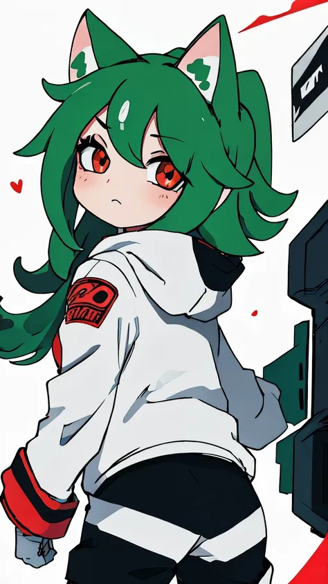 solo,look at other,simple,2d,masterpiece,best quality,anime,perfect lighting,highly detailed eyes,good hands,back space,splatoon,girl,green hair,red eyes,white skin,black hoodie,neko style,cat ear,cat gloves,