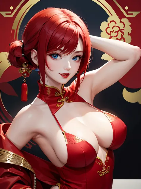 Woman with red hair, blue eyes, red lipstick, red nails, wearing a cheongsam, smiling, Chinese New Year background. have a perfect face Up to 8k resolution, clear details A masterpiece is the ultimate art.