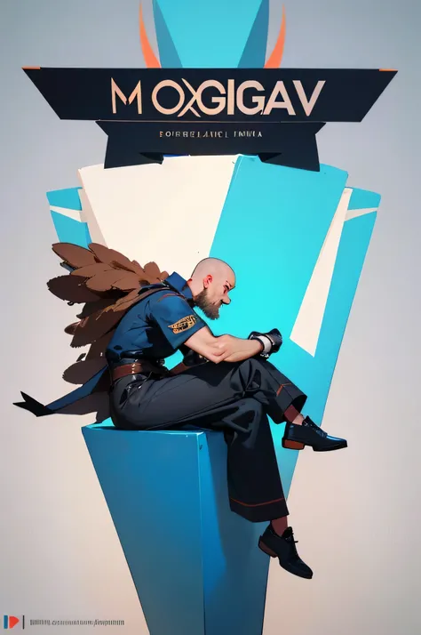 Create a 3D illustration of an animated character of a bald young man with a big beard sitting casually on top of a "Instagram" Social Media Logo. O personagem deve usar roupas modernas de jogo. Character history is a mockup of your Instagram profile page ...