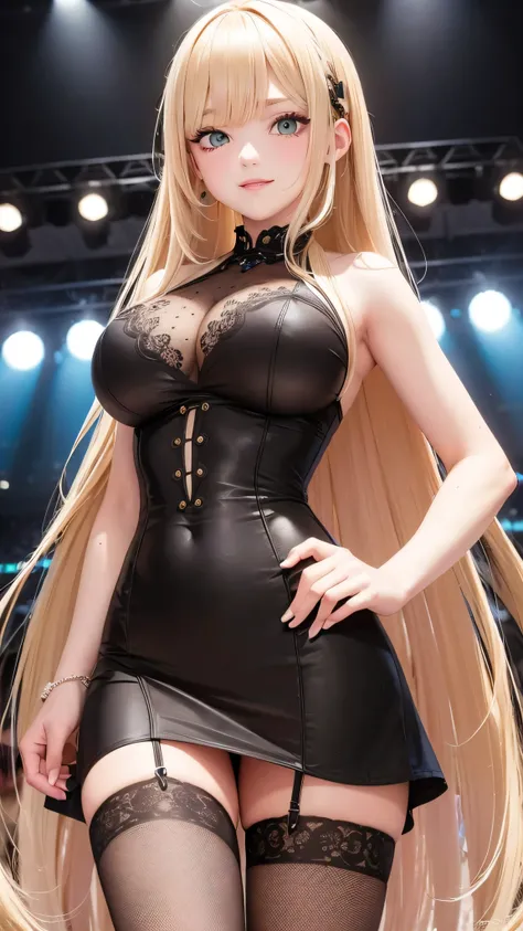 1k, high resolution, masterpiece, illustration, extreme details, blonde long hair, green eyes, eyeliner, mascara, extra large breast, sexy, slim, fully clothed, smiling, cute, innocent, demure, dolt, girlish, white blouse, black skirt, stocking, head to wa...