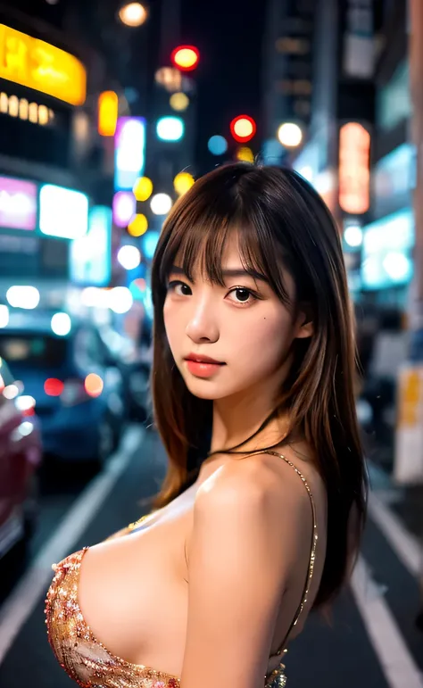 (highest quality,8K,masterpiece),
1 female, tokyo street,night, cityscape,city lights, 
Upper body,enlargement, RAW photo,realistic, photo-realistic,
big breasts,
parted bangs, long hair,