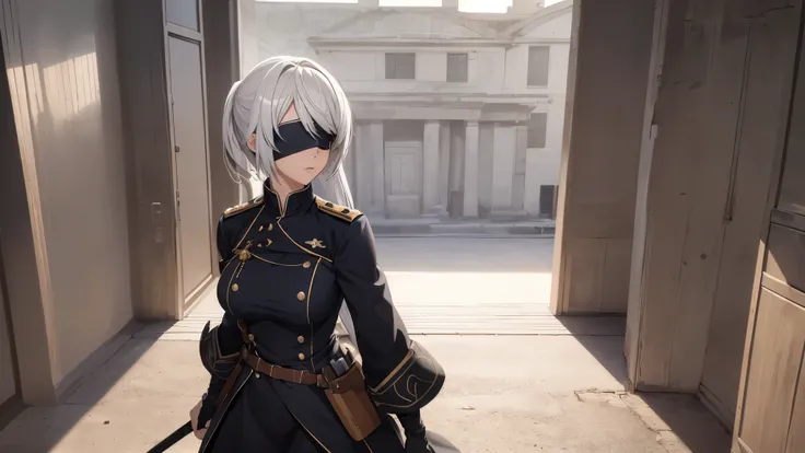 (extremely detailed CG unity 8k wallpaper), (masterpiece), (best quality), (ultra-detailed), (best illustration), (best shadow), (absurdres), 2b, 1girl, long hair, long ponytail, normal size boobs, white hair, blindfold solo, Intimidating women, admiral un...