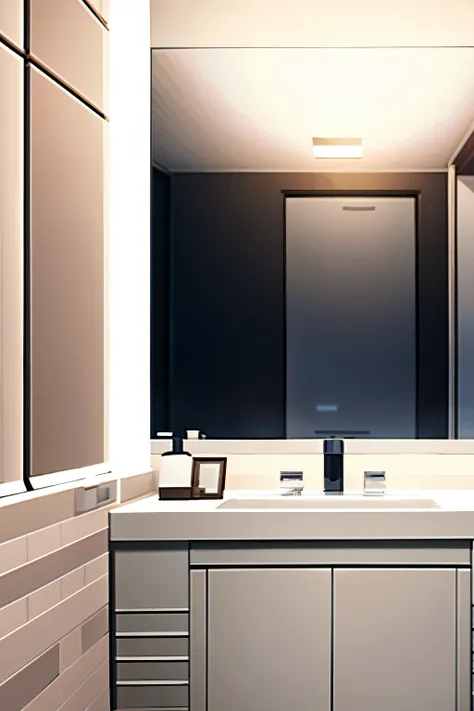 There is a bathroom with a sink and mirror in it., archviz display details, rendered in 3 dsmax, Product display, 3D finalrender, 3 d finalrender, high detail render, ( ( 3 day render ) ), Inspiration from David Chipperfield, Semi-realistic display, very r...