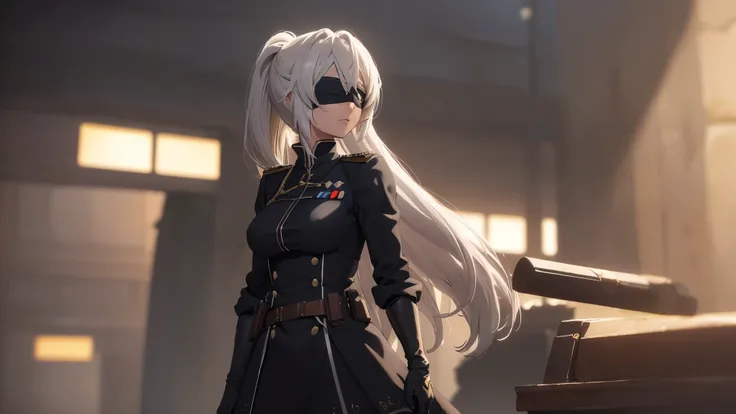 (extremely detailed CG unity 8k wallpaper), (masterpiece), (best quality), (ultra-detailed), (best illustration), (best shadow), (absurdres), 2b, 1girl, long hair, long ponytail, normal size boobs, white hair, blindfold solo, Intimidating women, admiral un...