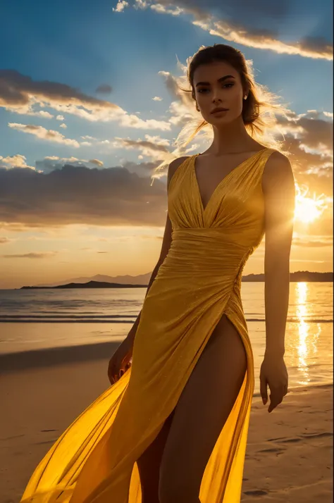 Imagine an exotic-looking model, Clearly not of this world, wearing a dress that appears to be woven from solar energy itself. The models skin has an iridescent shade of pale blue, with subtle silvery reflections that move like aurora borealis on its surfa...