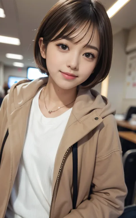 cute 21 year old japanese、School、University、During class、super detail face、eye for details、double eyelid、beautiful thin nose、sharp focus:1.2、Beautiful woman:1.4、(light brown hair,short haired、),pure white skin、highest quality、masterpiece、Super high resolut...