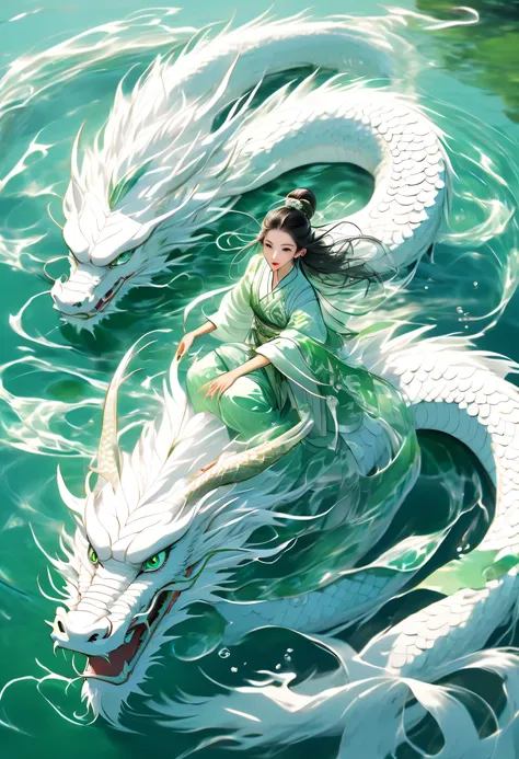 hyper-realistic ，a white chinese dragon swims under the lake, there is a beautiful girl in white beside me,，bird's eye view styl...