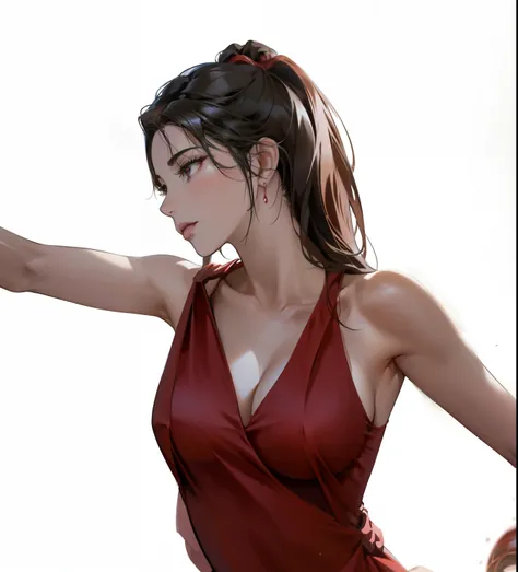 Close-up of woman in red dress holding cell phone, Drawing in Anime Painter Studio, Made with Anime Painter Studio., Tifa Lockhart portrait, Digital Character Drawings, seductive Tifa Lockhart portrait, Digital art of elegance, Tifa Lockhart, Style in digi...