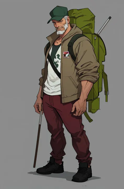 (masterpiece，top quality，best quality)  bold outline style，a man，hero，Relaxing posture，A middle-aged street businessman，Wearing a cloak，weathered，facial details，Perfect facial structure，Carrying a large backpack，Big green backpack，The backpack contains all...