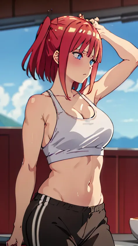 ufotable screen cap, 1girl (masterpiece), (best quality,)(shiny hair), (shiny skin), (shiny skin), solo, short hair, boob curtain, under boobs, upper body, (sport bra), (presenting armpit), bare shoulder, collar bone, mole, arm up, beach, selfie