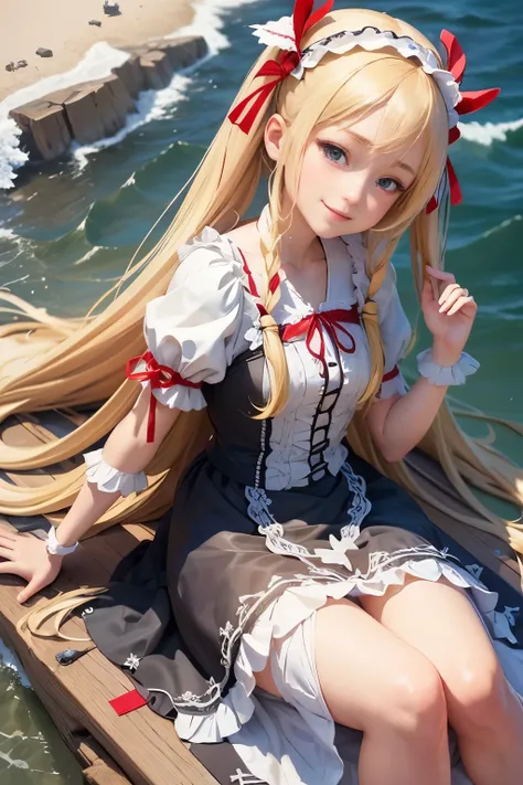 ( nonsense , High quality , very detailed ),summer noon、(((Pieces of art))),(((on the coast))),(()),Woman with long blonde twin tails、(((lying on the back))),Maid outfit、with a red ribbon on his head,,,,,,,、Anime girl 3D rendering,smile,(())),(((angle from...