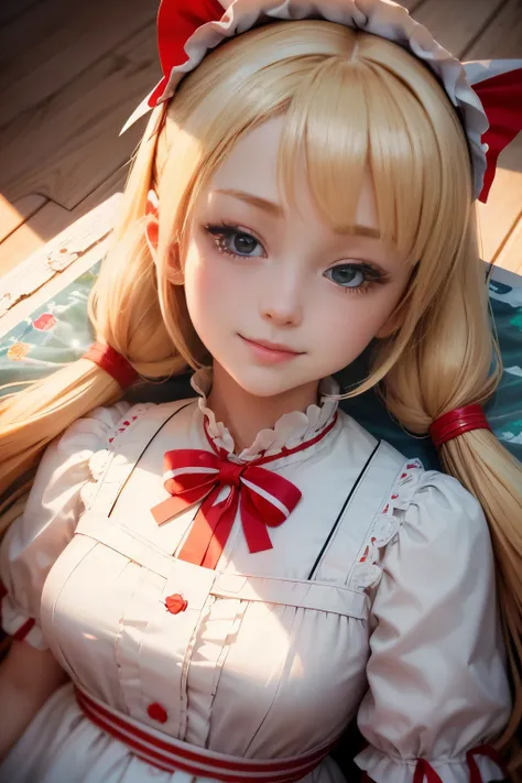 ( nonsense , High quality , very detailed ),summer noon、(((Pieces of art))),(((on the coast))),(()),Woman with long blonde twin tails、(((lying on the back))),Maid outfit、with a red ribbon on his head,,,,,,,、Anime girl 3D rendering,smile,(())),(((angle from...