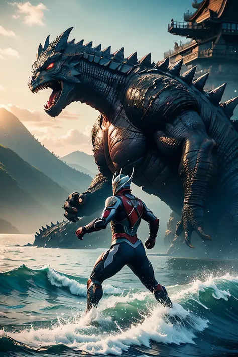 A warrior like Ultraman，Godzilla vs. Monster，Scene on the sea，Guild wars，Attention to detail，The scene is grand，4k quality，Normal，Warrior and Godzilla are equally huge