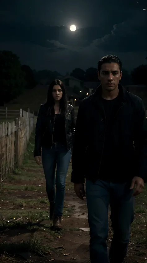 in the scene you can see three people walking on the grass, a brunette latina woman and two latino men, the woman is wearing a black jacket, she has long black hair, a Latino man has a demin jacket, the other man has a black jacket , The grass is yellow, I...