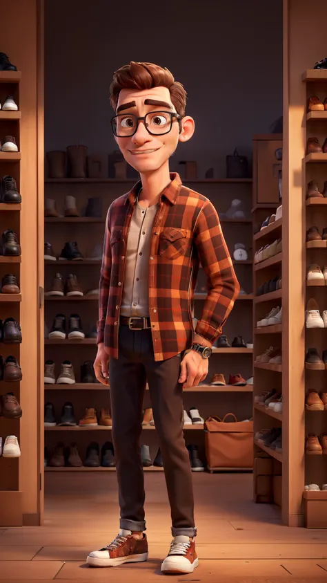 "(best quality,ultra-detailed),(realistic:1.37),portrait,detailed  a man take a shoes in a shop in a park,brown hair,square eyeglasses,brown eyes,vivid colors,red plaid shirt,black jeans,all star sneakers"