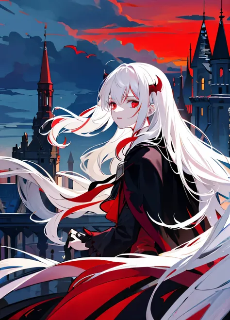 vampire，long white hair，Stand on the roof of the castle and look into the distance，red sword，Gorgeous black cloak，red eyes，ruins