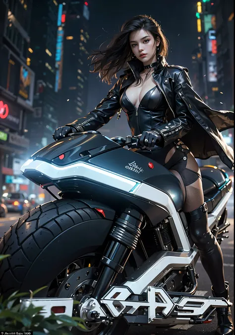 Huntress riding a high-tech motorcycle, Shoot high-tech cannons, Sparks from guns, (1 female, brown eyes, white skin, Twin-tailed black hair, choker, small breasts, skinny, lip whole, compensate, eyeliner, Russia), Wearing black one-piece leather armor, Lo...