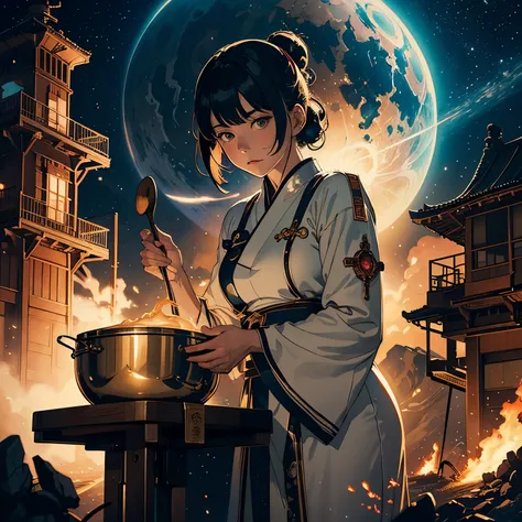 J.C. Leyendecker, Katsuhiro Otomo, Surreal, mysterious, strange, fantastical, fantasy, sci-fi, Japanese anime, observation lighthouse at the end of the galaxy, beautiful girl making udon for a midnight snack, starry sky as far as the eye can see, detailed ...