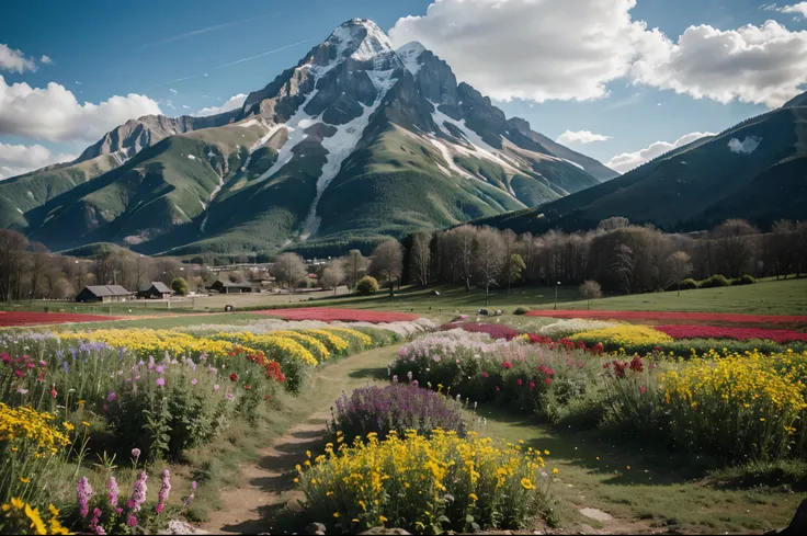 atmosphere in a flower field,a mountain in the background