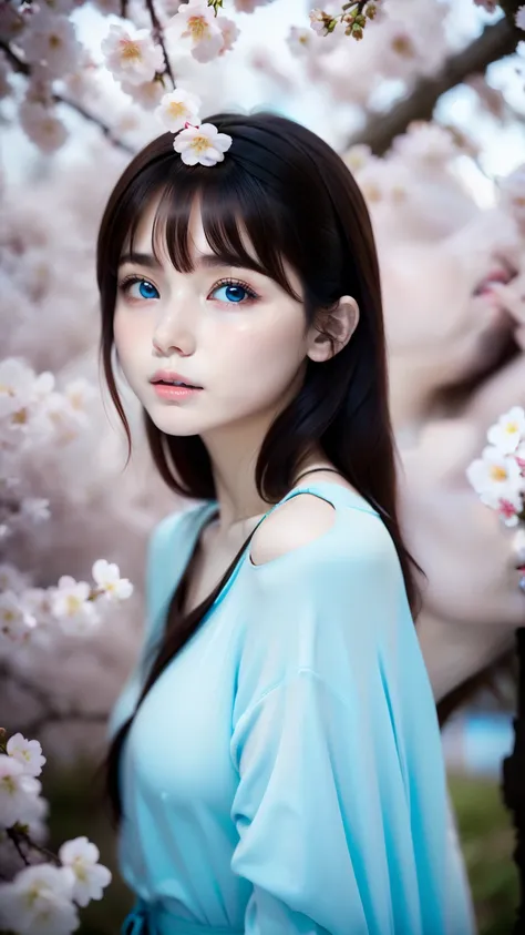 Cherry blossoms fall in the background，girl&#39;s melancholy face，Hair color is white，blurred background、anatomy、Russian２０Talented Woman、small face、detailed beautiful eyes、plump lips、detailed eyes and face、turquoise eyes:1.3、long eyelashes、1 girl、skin like...