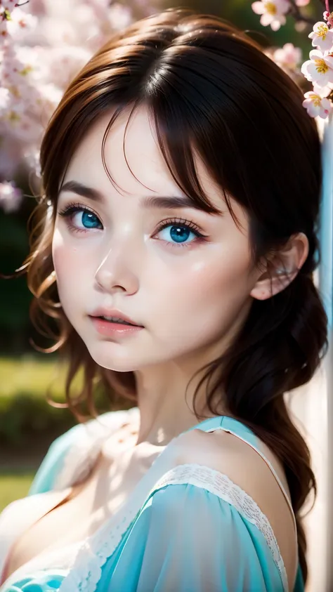 blurred background、anatomy、russian２０talented woman、small face、detailed beautiful eyes、plump lips、detailed eyes and face、turquois...