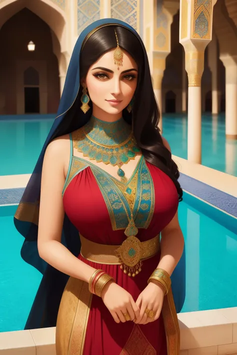 A captivating depiction of a Persian woman, aged around 25, with an enchanting smile and large, voluptuous breasts, leaps gracefully into the tranquil waters of a mosque pool. The pool reflects the intricate, colorful patterns of the mosques architecture, ...