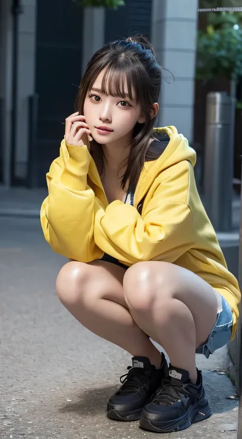 Innocent 16 year old girl、((Street fashion,Wearing a random colored oversized hoodie,very short shorts,dramatic pose)),cute face,bright eyes,tear bag,shy smile,shortcut,bed background,RAW photo, (8K、highest quality、masterpiece:1.2)、(intricate details:1.4)、...