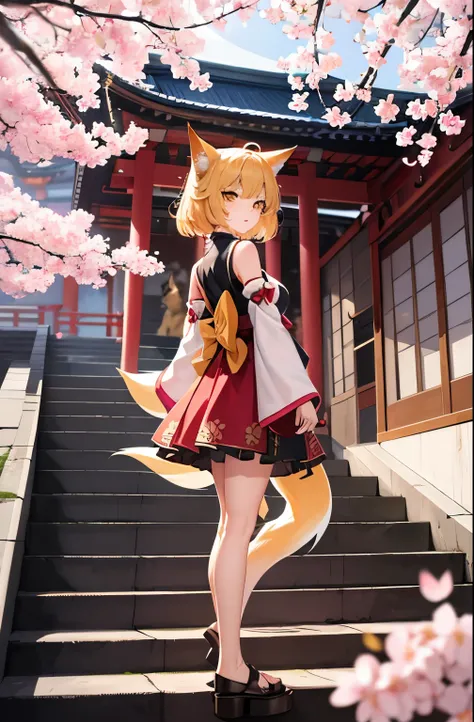 masterpiece, best quality, 1 girl, yellow eyes, medium hair, stairs, Cherry blossoms, temple, Fox girl, Detached sleeves, animal ears, happy, Put your arms behind your back,