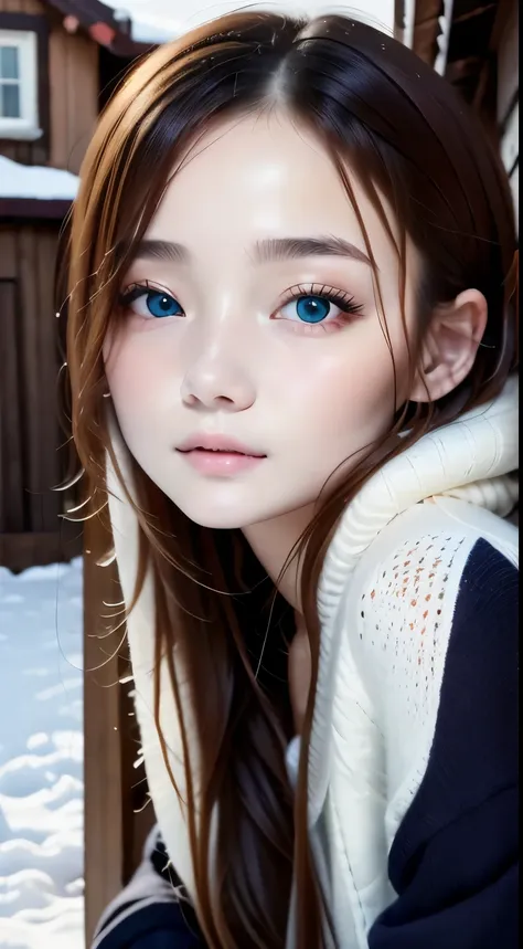 girl walking in the snow、heavy snowfall area、真っ白いsnow scene、Perfect cold protection、pure white military equipment、Russian２０Talented Woman、small face、detailed beautiful eyes、plump lips、detailed eyes and face、turquoise eyes:1.3、long eyelashes、1 girl、skin lik...