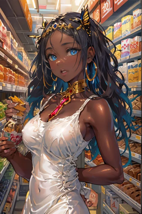 NSFW, 1girl, official anime art illustration, gilded jeweled circlet, long white butterfly locs, (glowing blue eyes), (aroused tall plump dark-skinned Haitian girl inside grocery store bakery aisle), small breasts, sheer tight detailed red dress, coffee in...