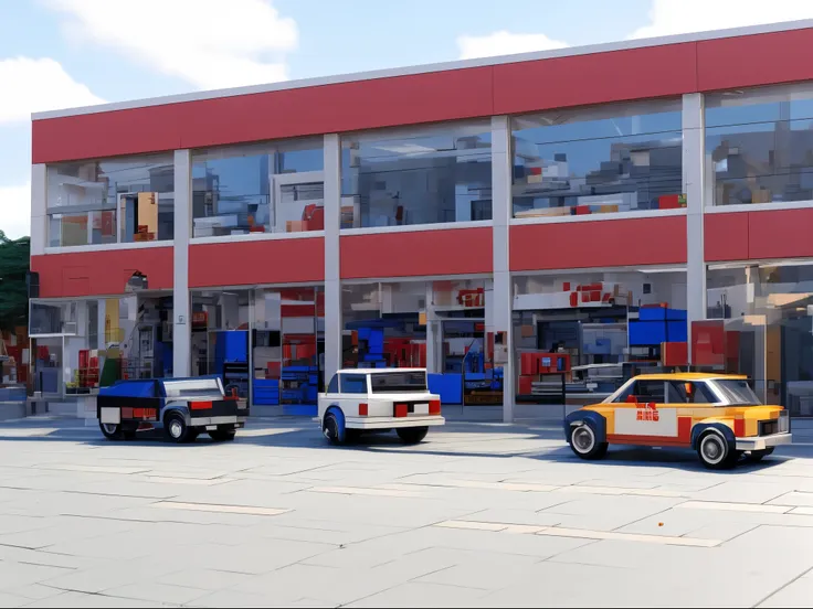 cars parked in front of a loja with a red and white facade, loja, photo for a loja, por samuel silva, lojas, red building, lojas...