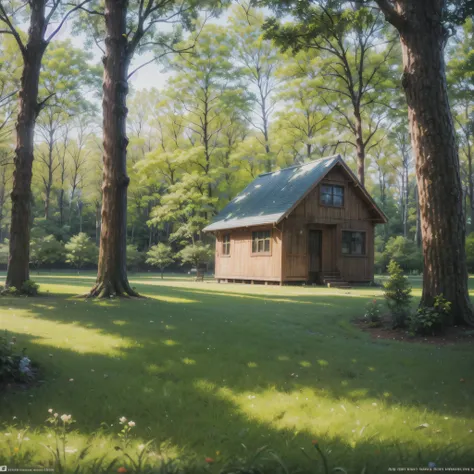 landscape，beauty，summer，trees，shrub，grassland，stone，wooden house，architecture，surrealism, cinema lighting, glowing light, reflec...