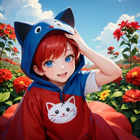 Boy, 2 years old, short red hair, blue eyes, wearing a cat mascot costume, smiling, flower garden background. have a perfect face Up to 8k resolution, clear details A masterpiece is the ultimate art.