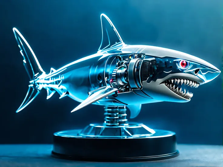 (best quality，HD:1.2)，Super detailed，(fidelity:1.37).Transparent mechanical shark，sharp metal teeth，LED glowing eyes，半transparent身体，Demonstrate complex internal structure，metal reflection，dynamic poses，sharp focus，(Mechanical Parts:1.3), (transparent:1.5)