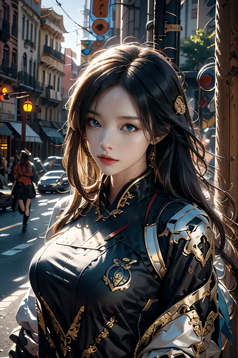 Game art，The best picture quality，Highest resolution，8K，((A bust photograph))，((Portrait))，(Rule of thirds)，Unreal Engine 5 rendering works， (The Girl of the Future)，(Female Warrior)，22岁少女，(Long hair casual)，(Future-style military wear，A beautiful eye full...