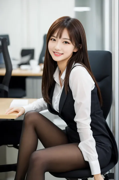 Ulchan-6500-v1.1, (RAW photo:1.2), (Photoreal), beautiful detailed girl, (genuine: 1.4), very detailed目と顔, beautiful and detailed eyes, Mr.々patterned vest、sitting on a chair in a busy office、(Sitting with legs aligned:1.3)、(super realistic pantyhose:1.2), ...