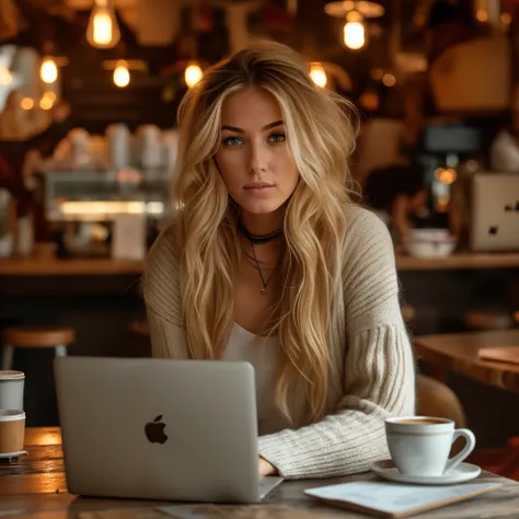 blond woman sitting at a table with a laptop computer in front of her, in a coffee shop, portrait shot, working on her laptop, sitting in a cafe, mysterious coffee shop girl, sitting in a cafe alone, trending on pexels, sitting at a computer, intense look,...