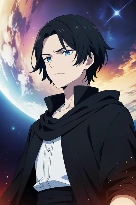 (high-quality, breathtaking),(expressive eyes, perfect face) 1male, male, solo, short height, young teenager age, short length hair, red and black hair, unkept hair, pale blue eyes, serious expression, black cloak, white shirt, fantasy mage clothing, Pluto...