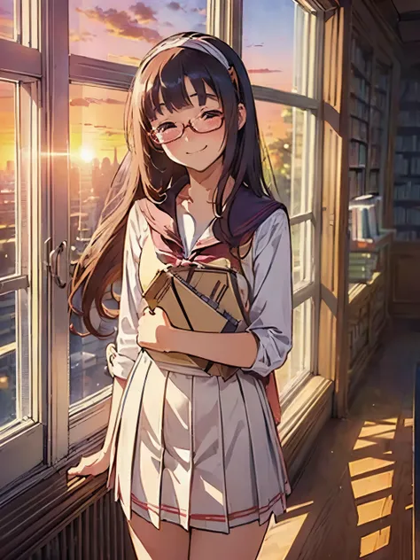 (((masterpiece))) ((( background : romantic theme : students : in library : window showing sunset ))) ((( character : Kanna : fit body : long smart hair : hairband : model student : nerd : wearing glasses : summer school uniform : standing : closed eyes : ...