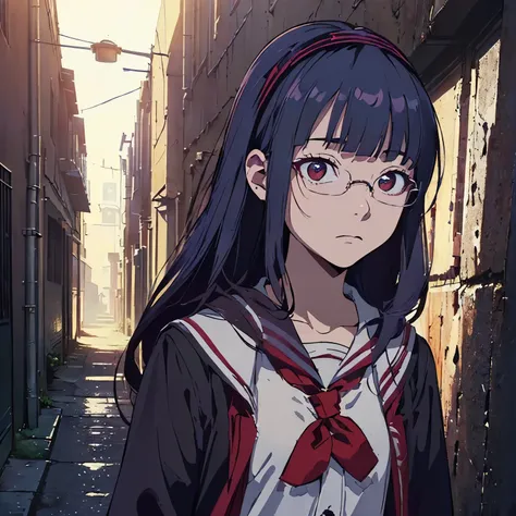 (((masterpiece))) ((( background : horror theme : students : backalley : dark : night : creepy dim light ))) ((( character : Kanna : fit body : long smart hair : hairband : model student : nerd : wearing glasses : summer school uniform : walking back home)...