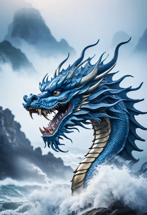 cinematic photo,ancient chinese mythological style,blue oriental dragon,close up,surrealism,sharp shot,cinematic,the background ...