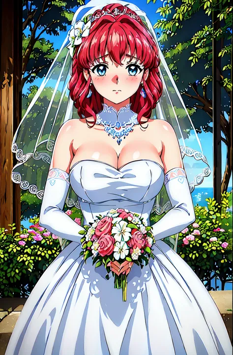 red hair,blue eyes, bangs,double tail, scarf, 
 close-up of beautiful bride wearing beautiful wedding dress,guwitz,(wedding veil...