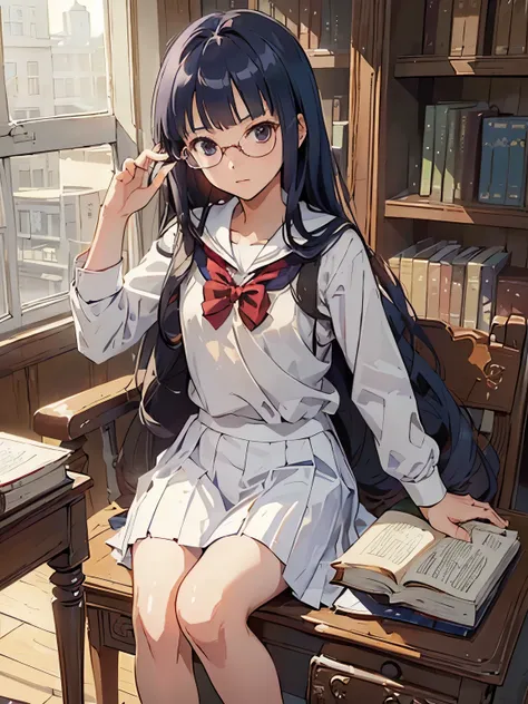 (((masterpiece))) ((( background : romantic theme : students : in library : books ))) ((( character : kanna : fit body : long sm...