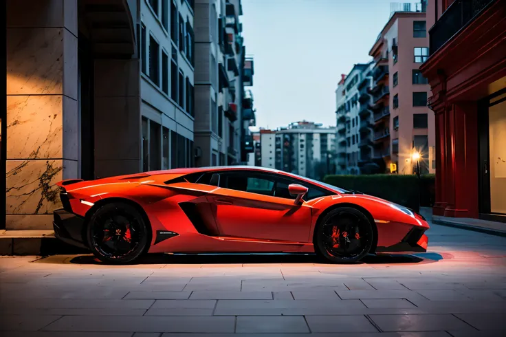 red lamborghini aventador　　precision and high quality　realistic three-dimensional feel　beautiful background　street parking in fr...